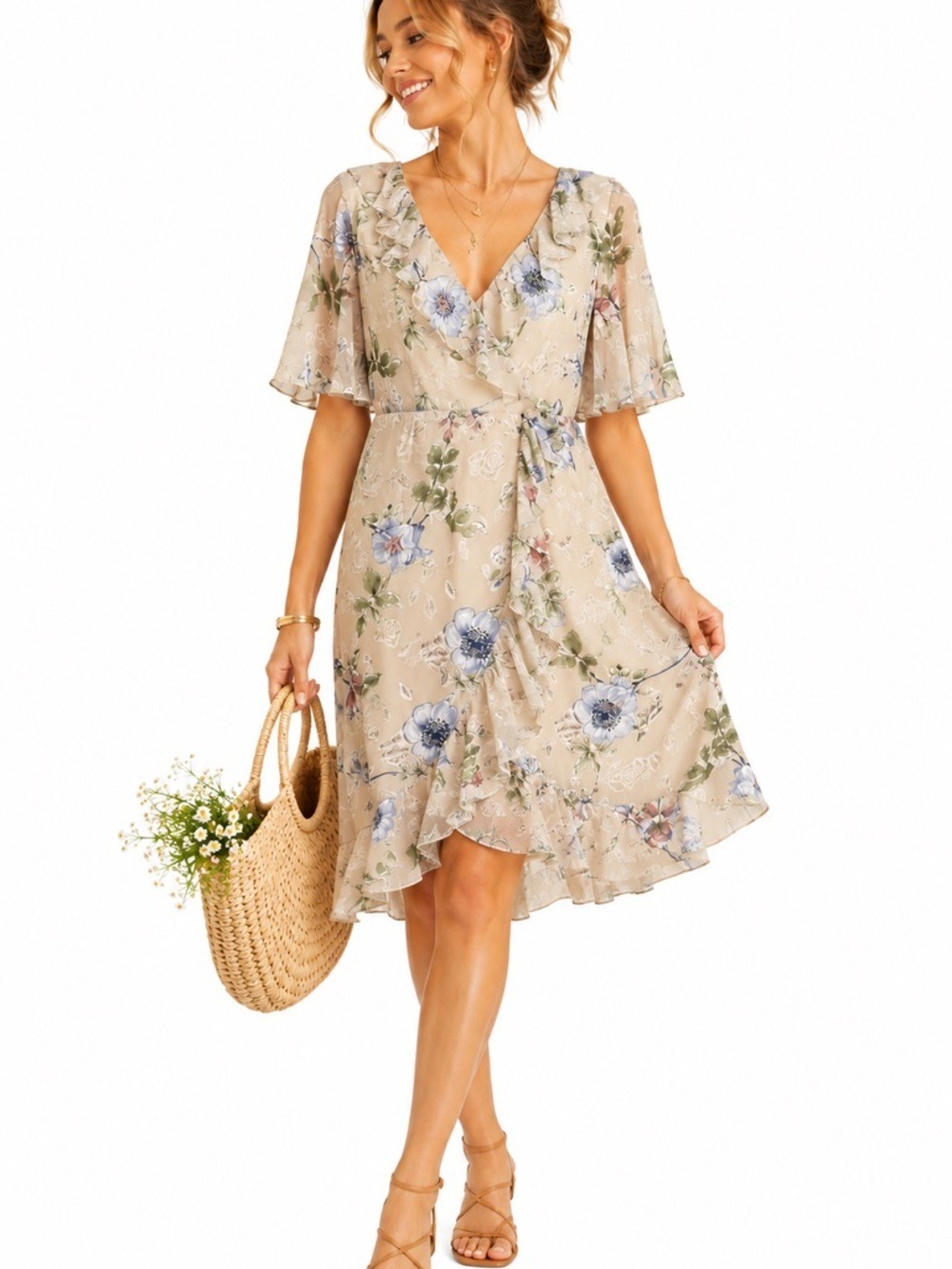 Here Comes The Sun Women’s Cream Ruffled Floral V-Neck Dress Size L